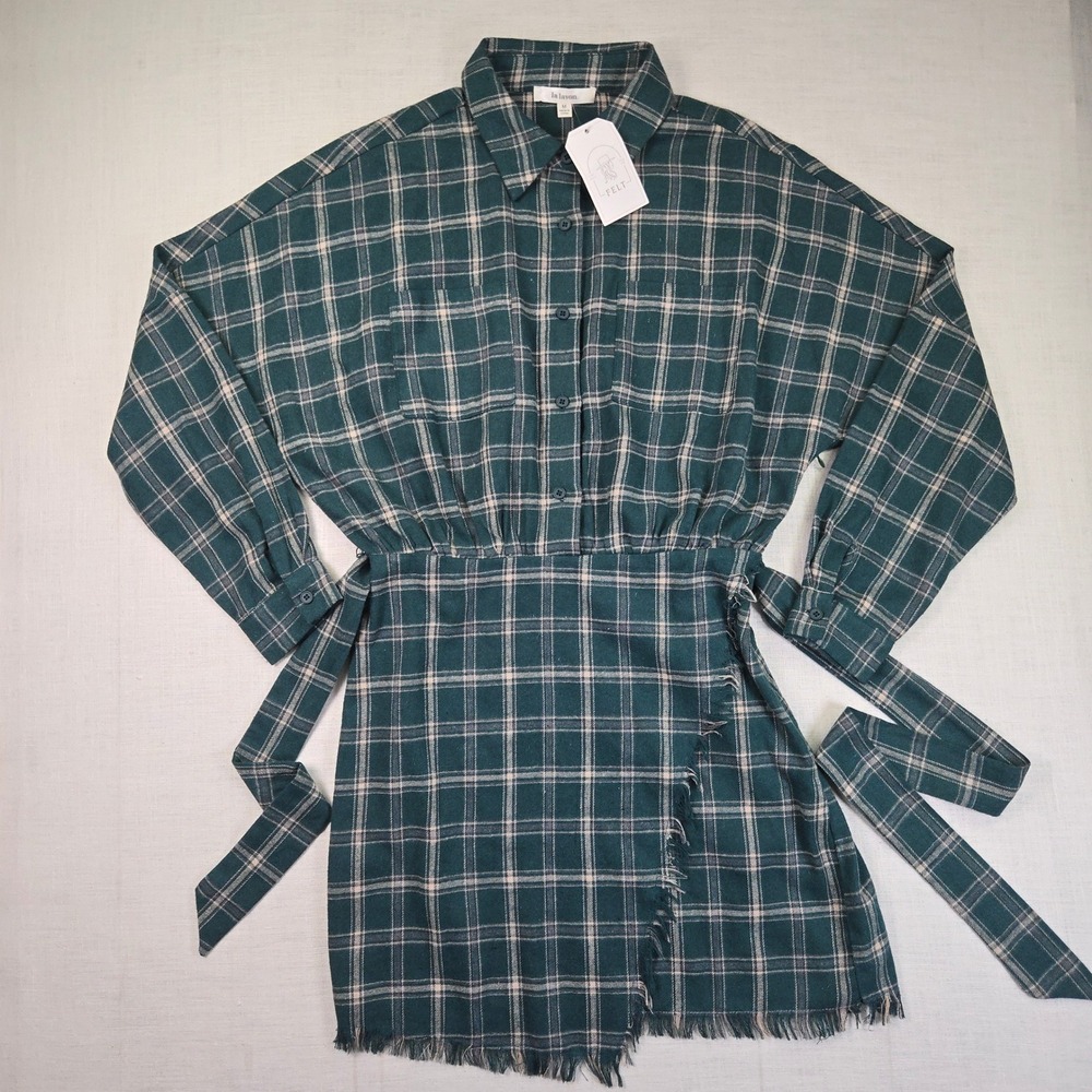 NWT Franky Flannel Mini Dress Sz M Button Up Plaid La Lavon Franky  Green Fringe